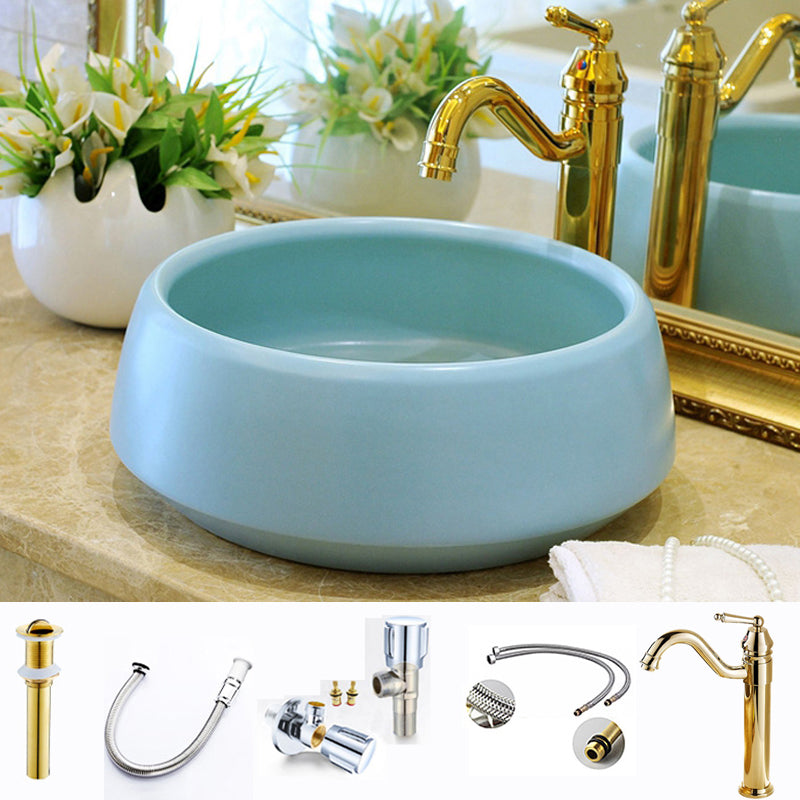 Traditional Bathroom Sink Porcelain Round Vessel Sink with Pop-Up Drain 14"L x 14"W x 6"H Blue Sink with Faucet Clearhalo 'Bathroom Remodel & Bathroom Fixtures' 'Bathroom Sinks & Faucet Components' 'Bathroom Sinks' 'bathroom_sink' 'Home Improvement' 'home_improvement' 'home_improvement_bathroom_sink' 6727521