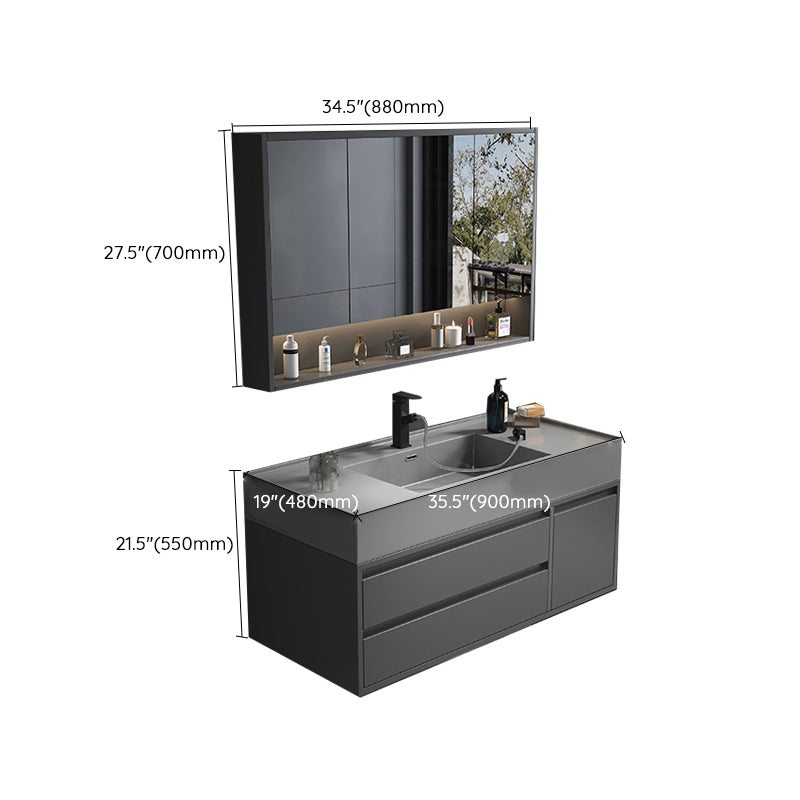 Single Sink Grey Vanity Shelving Included Mirror Rectangle Vanity with 2 Drawers Clearhalo 'Bathroom Remodel & Bathroom Fixtures' 'Bathroom Vanities' 'bathroom_vanities' 'Home Improvement' 'home_improvement' 'home_improvement_bathroom_vanities' 6727850