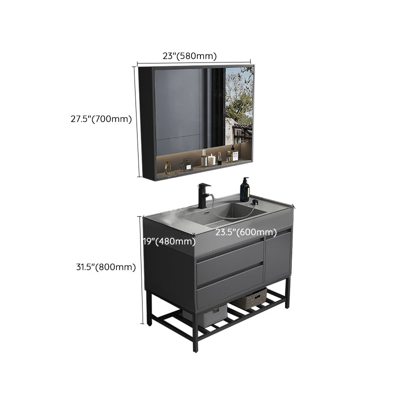 Single Sink Grey Vanity Shelving Included Mirror Rectangle Vanity with 2 Drawers Clearhalo 'Bathroom Remodel & Bathroom Fixtures' 'Bathroom Vanities' 'bathroom_vanities' 'Home Improvement' 'home_improvement' 'home_improvement_bathroom_vanities' 6727854