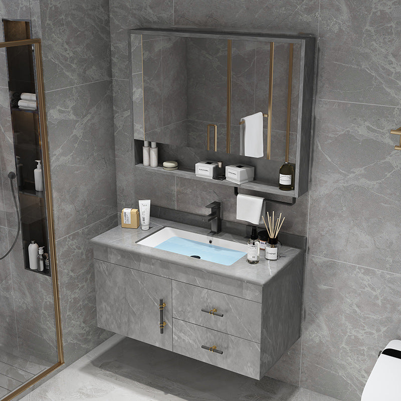 Stone Top Vanity Set Single Sink Mirror Drawers Wall-Mounted Rectangle Vanity with 2 Doors Vanity & Faucet & Mirror Cabinet Gray Clearhalo 'Bathroom Remodel & Bathroom Fixtures' 'Bathroom Vanities' 'bathroom_vanities' 'Home Improvement' 'home_improvement' 'home_improvement_bathroom_vanities' 6727864