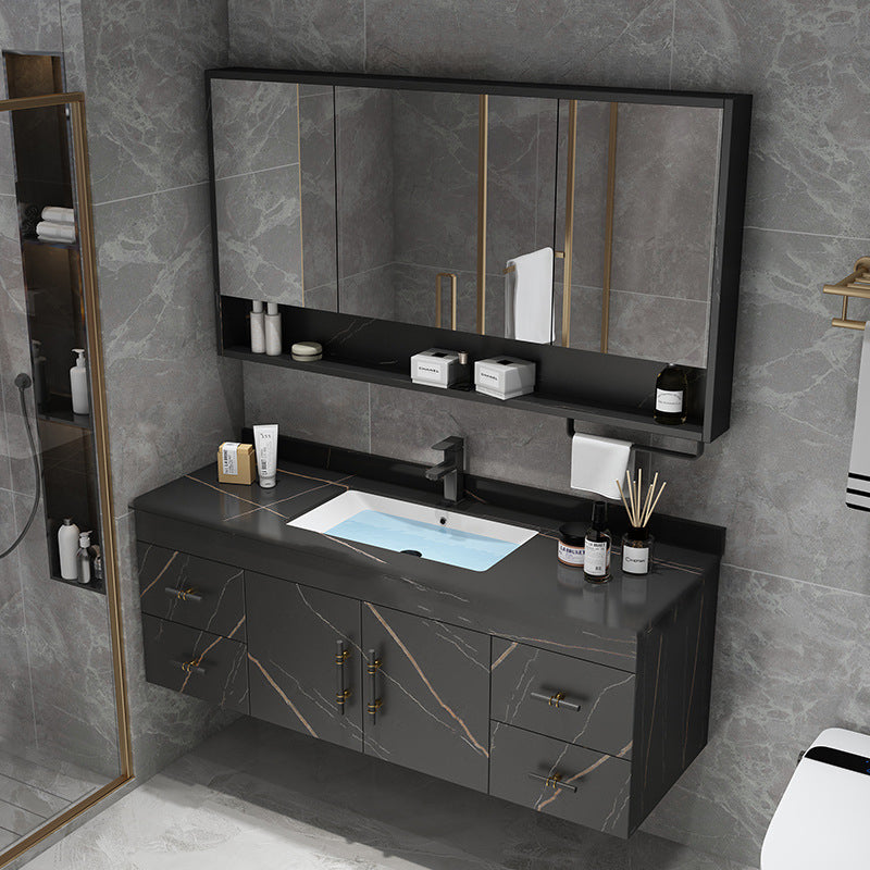 Stone Top Vanity Set Single Sink Mirror Drawers Wall-Mounted Rectangle Vanity with 2 Doors Vanity & Faucet & Mirror Cabinet 47"L x 19"W x 19"H Black Clearhalo 'Bathroom Remodel & Bathroom Fixtures' 'Bathroom Vanities' 'bathroom_vanities' 'Home Improvement' 'home_improvement' 'home_improvement_bathroom_vanities' 6727874