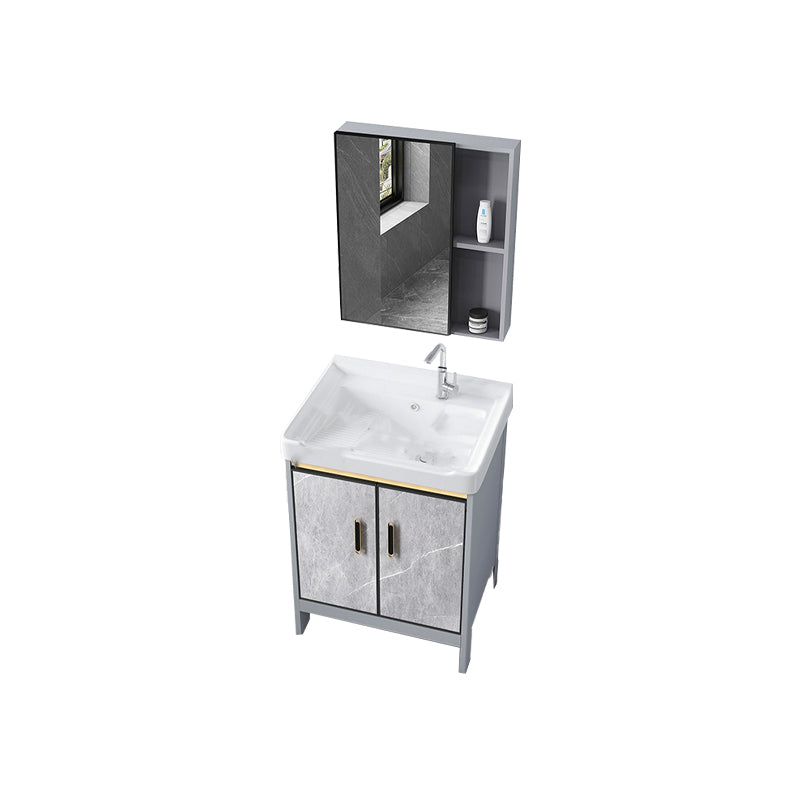 Metal Freestanding Sink Vanity Modern Mirror Cabinet Bathroom Vanity Set in Gray Vanity & Faucet & Mirror Cabinet 24"L x 19"W x 32"H Clearhalo 'Bathroom Remodel & Bathroom Fixtures' 'Bathroom Vanities' 'bathroom_vanities' 'Home Improvement' 'home_improvement' 'home_improvement_bathroom_vanities' 6727933