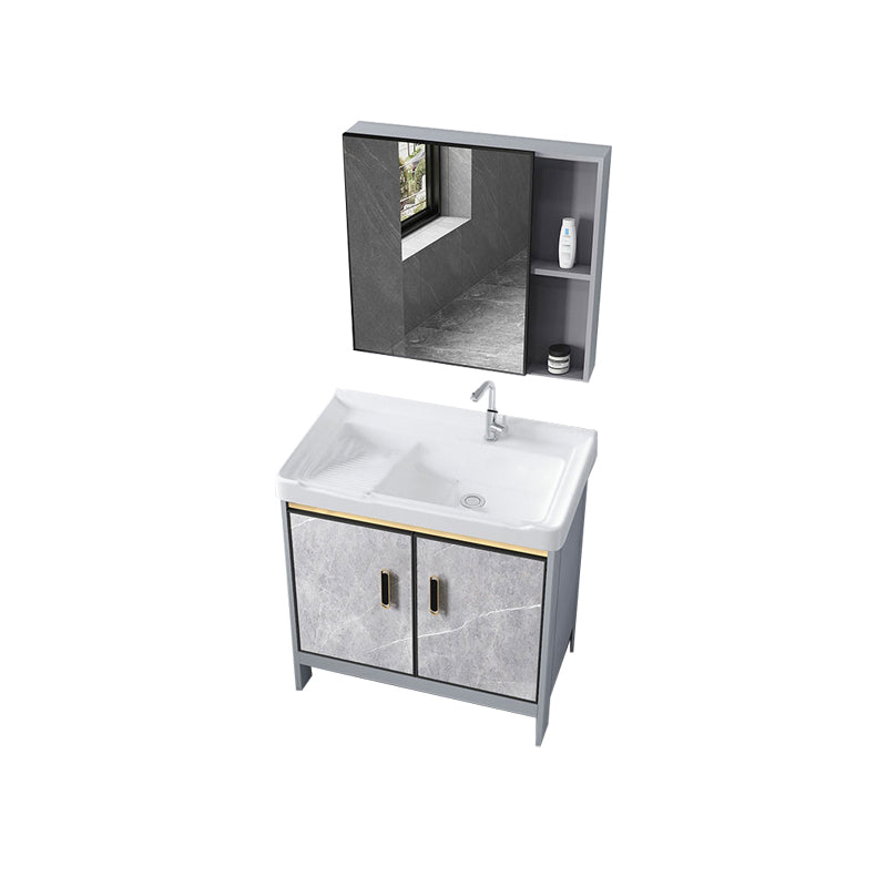 Metal Freestanding Sink Vanity Modern Mirror Cabinet Bathroom Vanity Set in Gray Vanity & Faucet & Mirror Cabinet 31.9"L x 18.9"W x 31.9"H Clearhalo 'Bathroom Remodel & Bathroom Fixtures' 'Bathroom Vanities' 'bathroom_vanities' 'Home Improvement' 'home_improvement' 'home_improvement_bathroom_vanities' 6727935