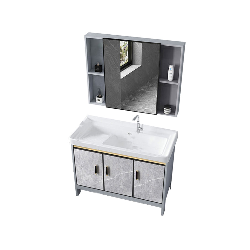 Metal Freestanding Sink Vanity Modern Mirror Cabinet Bathroom Vanity Set in Gray Vanity & Faucet & Mirror Cabinet 35.8"L x 18.9"W x 31.9"H Clearhalo 'Bathroom Remodel & Bathroom Fixtures' 'Bathroom Vanities' 'bathroom_vanities' 'Home Improvement' 'home_improvement' 'home_improvement_bathroom_vanities' 6727936