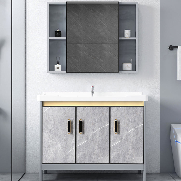 Metal Freestanding Sink Vanity Modern Mirror Cabinet Bathroom Vanity Set in Gray Vanity & Faucet & Mirror Cabinet 39.8"L x 18.9"W x 31.9"H Clearhalo 'Bathroom Remodel & Bathroom Fixtures' 'Bathroom Vanities' 'bathroom_vanities' 'Home Improvement' 'home_improvement' 'home_improvement_bathroom_vanities' 6727937