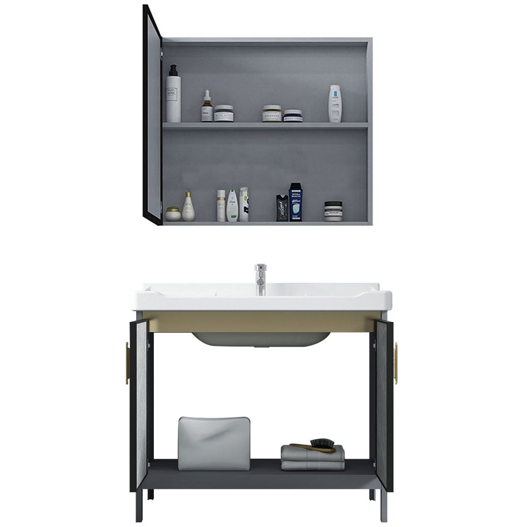 Metal Freestanding Sink Vanity Modern Mirror Cabinet Bathroom Vanity Set in Gray Clearhalo 'Bathroom Remodel & Bathroom Fixtures' 'Bathroom Vanities' 'bathroom_vanities' 'Home Improvement' 'home_improvement' 'home_improvement_bathroom_vanities' 6727942