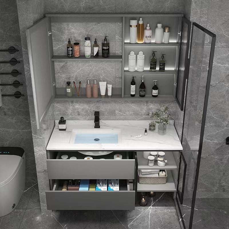 Wall Mount Bath Vanity Grey Metal Frame Mirror Single Sink Bathroom Vanity with Drawers Clearhalo 'Bathroom Remodel & Bathroom Fixtures' 'Bathroom Vanities' 'bathroom_vanities' 'Home Improvement' 'home_improvement' 'home_improvement_bathroom_vanities' 6727963