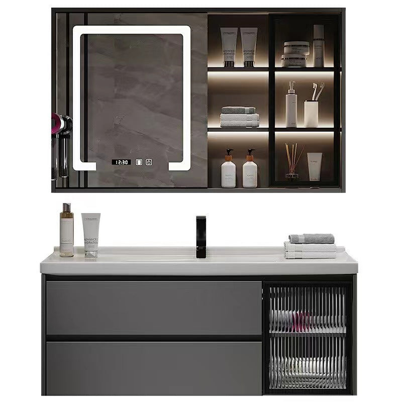 Wall Mount Bath Vanity Grey Metal Frame Mirror Single Sink Bathroom Vanity with Drawers Clearhalo 'Bathroom Remodel & Bathroom Fixtures' 'Bathroom Vanities' 'bathroom_vanities' 'Home Improvement' 'home_improvement' 'home_improvement_bathroom_vanities' 6727969