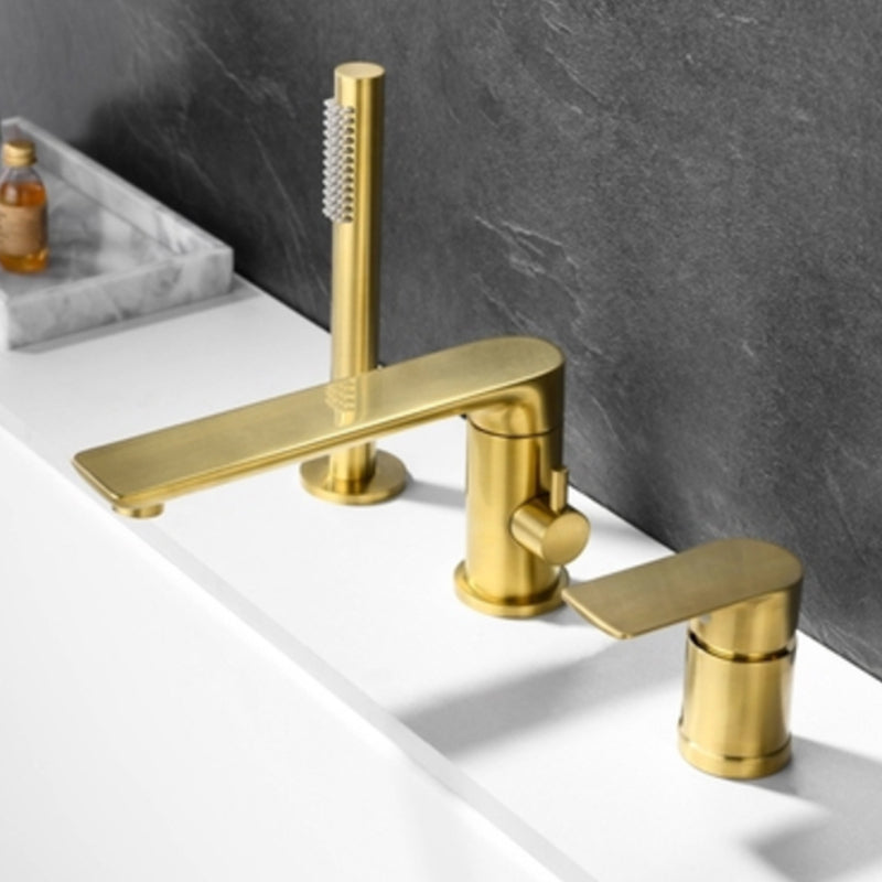 Deck Mounted Copper Roman Tub Faucet Low Arc Roman Freestanding Faucet Gold 3 Hole Faucets Clearhalo 'Bathroom Remodel & Bathroom Fixtures' 'Bathtub Faucets' 'bathtub_faucets' 'Home Improvement' 'home_improvement' 'home_improvement_bathtub_faucets' 6728042