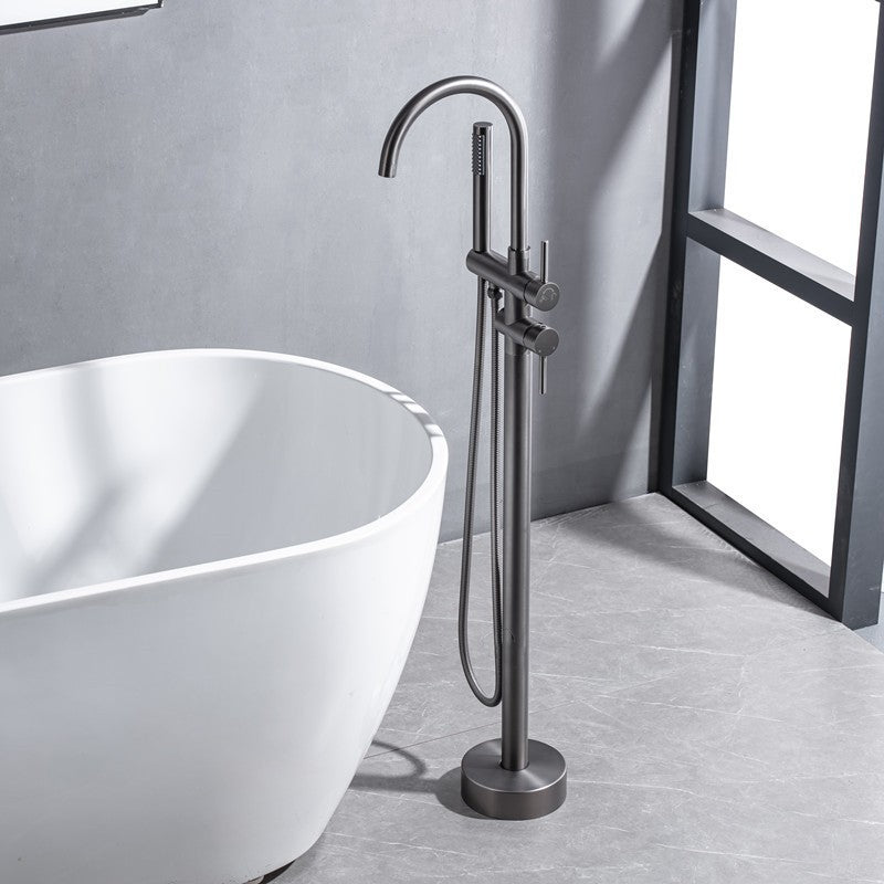 Modern Floor Mounted Metal Freestanding Tub Filler Swivel High Arc Freestanding Faucet Clearhalo 'Bathroom Remodel & Bathroom Fixtures' 'Bathtub Faucets' 'bathtub_faucets' 'Home Improvement' 'home_improvement' 'home_improvement_bathtub_faucets' 6728058