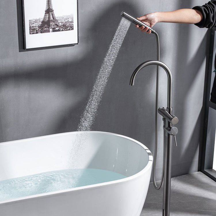 Modern Floor Mounted Metal Freestanding Tub Filler Swivel High Arc Freestanding Faucet Clearhalo 'Bathroom Remodel & Bathroom Fixtures' 'Bathtub Faucets' 'bathtub_faucets' 'Home Improvement' 'home_improvement' 'home_improvement_bathtub_faucets' 6728068