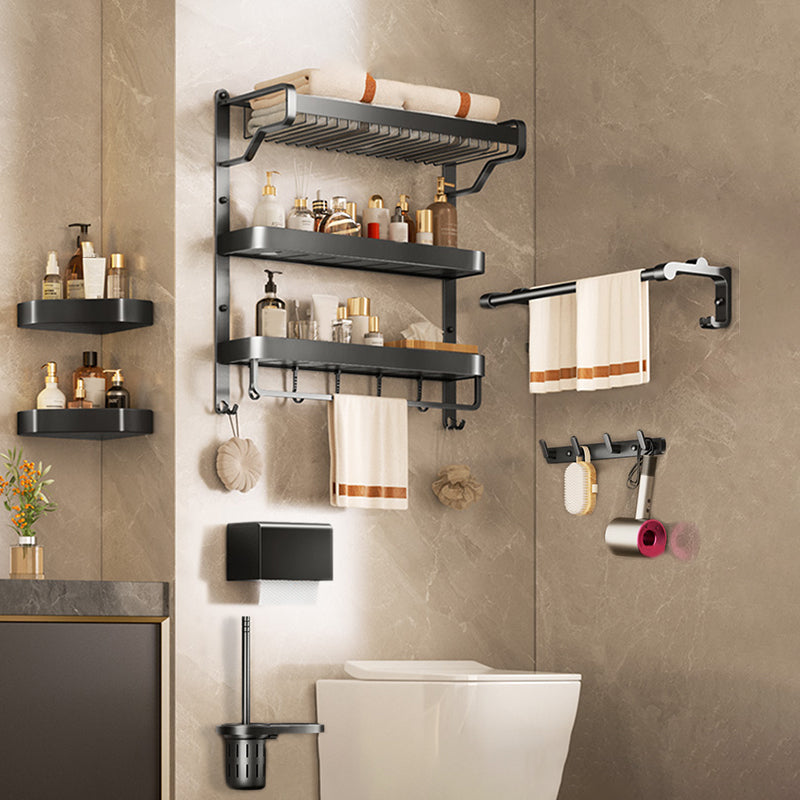 Modern Bathroom Set Matte Black Bath Shelf Towel Bar Bathroom Accessory Kit 7-Piece Set (Double Rods) Clearhalo 'Bathroom Hardware Sets' 'Bathroom Hardware' 'Bathroom Remodel & Bathroom Fixtures' 'bathroom_hardware_sets' 'Home Improvement' 'home_improvement' 'home_improvement_bathroom_hardware_sets' 6737906