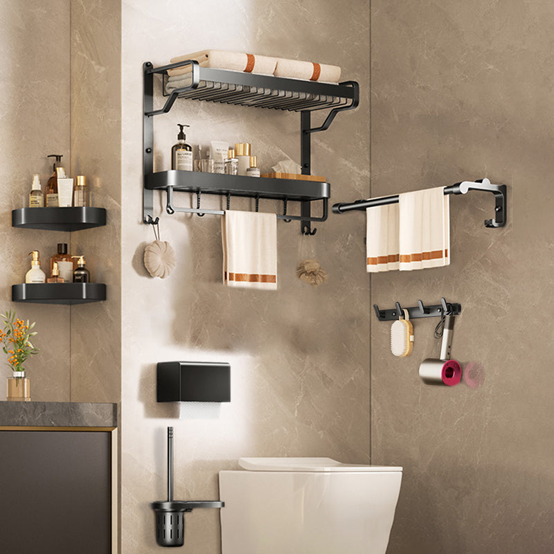 Modern Bathroom Set Matte Black Bath Shelf Towel Bar Bathroom Accessory Kit 7-Piece Set (Hook) Clearhalo 'Bathroom Hardware Sets' 'Bathroom Hardware' 'Bathroom Remodel & Bathroom Fixtures' 'bathroom_hardware_sets' 'Home Improvement' 'home_improvement' 'home_improvement_bathroom_hardware_sets' 6737931