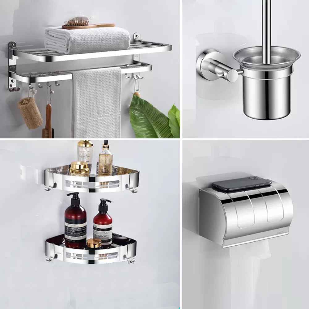 Modern Stainless Steel Bathroom Set Paper Holder Bath Shelf Bathroom Hardware 5-Piece Set (Toilet Brush) Clearhalo 'Bathroom Hardware Sets' 'Bathroom Hardware' 'Bathroom Remodel & Bathroom Fixtures' 'bathroom_hardware_sets' 'Home Improvement' 'home_improvement' 'home_improvement_bathroom_hardware_sets' 6737968