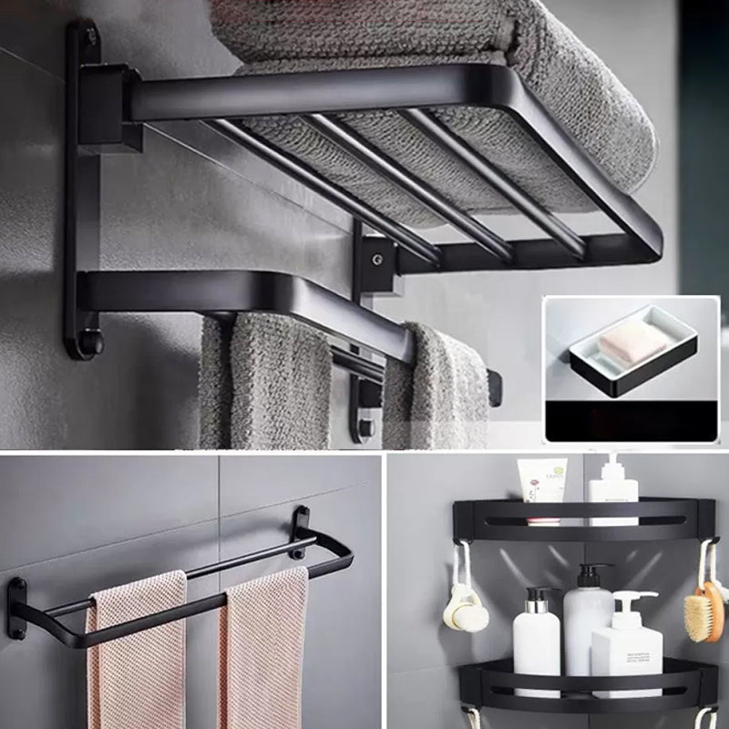 Modern Bathroom Accessory Kit Black Soap Dish Bath Shelf Bathroom Set Black 5-Piece Set (Double Rods) Clearhalo 'Bathroom Hardware Sets' 'Bathroom Hardware' 'Bathroom Remodel & Bathroom Fixtures' 'bathroom_hardware_sets' 'Home Improvement' 'home_improvement' 'home_improvement_bathroom_hardware_sets' 6738014