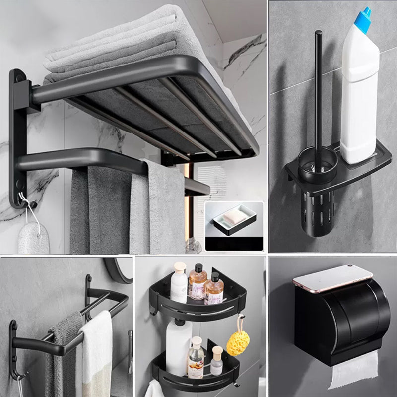 Modern Bathroom Accessory Kit Black Soap Dish Bath Shelf Bathroom Set Black 7-Piece Set (Double Rods) Clearhalo 'Bathroom Hardware Sets' 'Bathroom Hardware' 'Bathroom Remodel & Bathroom Fixtures' 'bathroom_hardware_sets' 'Home Improvement' 'home_improvement' 'home_improvement_bathroom_hardware_sets' 6738015