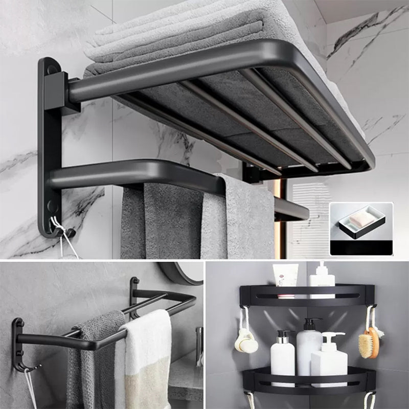 Modern Bathroom Accessory Kit Black Soap Dish Bath Shelf Bathroom Set Black 5-Piece Set (Triangle Bath Shelf) Clearhalo 'Bathroom Hardware Sets' 'Bathroom Hardware' 'Bathroom Remodel & Bathroom Fixtures' 'bathroom_hardware_sets' 'Home Improvement' 'home_improvement' 'home_improvement_bathroom_hardware_sets' 6738017