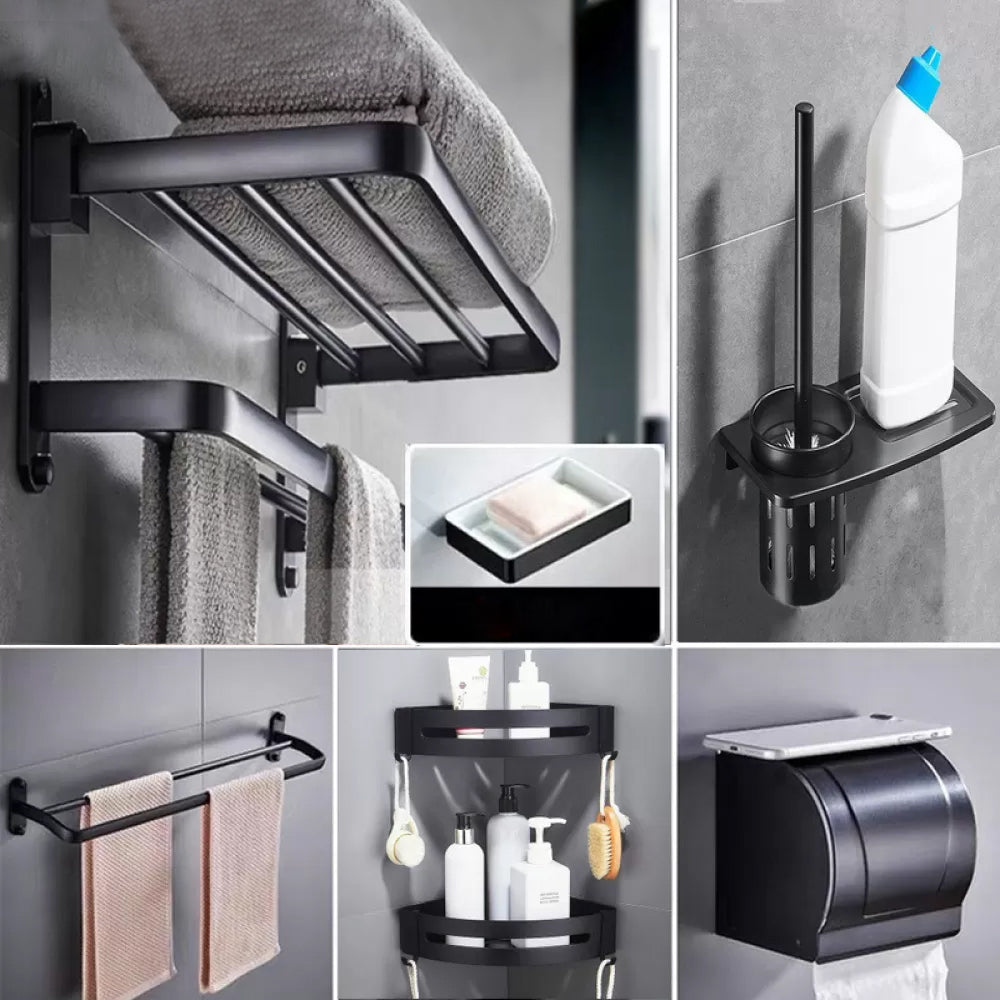 Modern Bathroom Accessory Kit Black Soap Dish Bath Shelf Bathroom Set Black 7-Piece Set (Triangle Bath Shelf) Clearhalo 'Bathroom Hardware Sets' 'Bathroom Hardware' 'Bathroom Remodel & Bathroom Fixtures' 'bathroom_hardware_sets' 'Home Improvement' 'home_improvement' 'home_improvement_bathroom_hardware_sets' 6738027