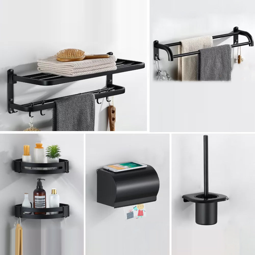 Modern Bathroom Hardware Black Paper Holder Bath Shelf Bathroom Accessory Kit 6-Piece Set (Towel Bar) Clearhalo 'Bathroom Hardware Sets' 'Bathroom Hardware' 'Bathroom Remodel & Bathroom Fixtures' 'bathroom_hardware_sets' 'Home Improvement' 'home_improvement' 'home_improvement_bathroom_hardware_sets' 6738066