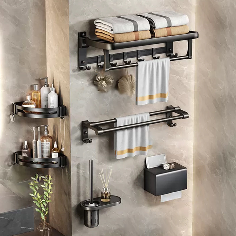 Modern Matte Black Bathroom Accessory Set Towel Bar/Paper Holder/Robe Hook Included Vertical Bar 6-Piece Set Clearhalo 'Bathroom Hardware Sets' 'Bathroom Hardware' 'Bathroom Remodel & Bathroom Fixtures' 'bathroom_hardware_sets' 'Home Improvement' 'home_improvement' 'home_improvement_bathroom_hardware_sets' 6738150