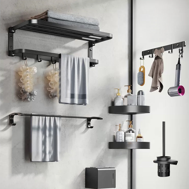 Modern Matte Black Bathroom Accessory Set Towel Bar/Paper Holder/Robe Hook Included Horizontal Bar Foldable 7-Piece Set Clearhalo 'Bathroom Hardware Sets' 'Bathroom Hardware' 'Bathroom Remodel & Bathroom Fixtures' 'bathroom_hardware_sets' 'Home Improvement' 'home_improvement' 'home_improvement_bathroom_hardware_sets' 6738159