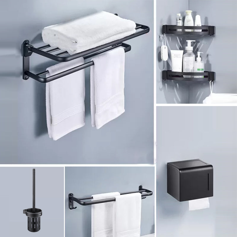 Modern Matte Black Bathroom Accessory Set Towel Bar/Paper Holder/Robe Hook Included Double Layer 6-Piece Set (Towel Bar) Clearhalo 'Bathroom Hardware Sets' 'Bathroom Hardware' 'Bathroom Remodel & Bathroom Fixtures' 'bathroom_hardware_sets' 'Home Improvement' 'home_improvement' 'home_improvement_bathroom_hardware_sets' 6738168