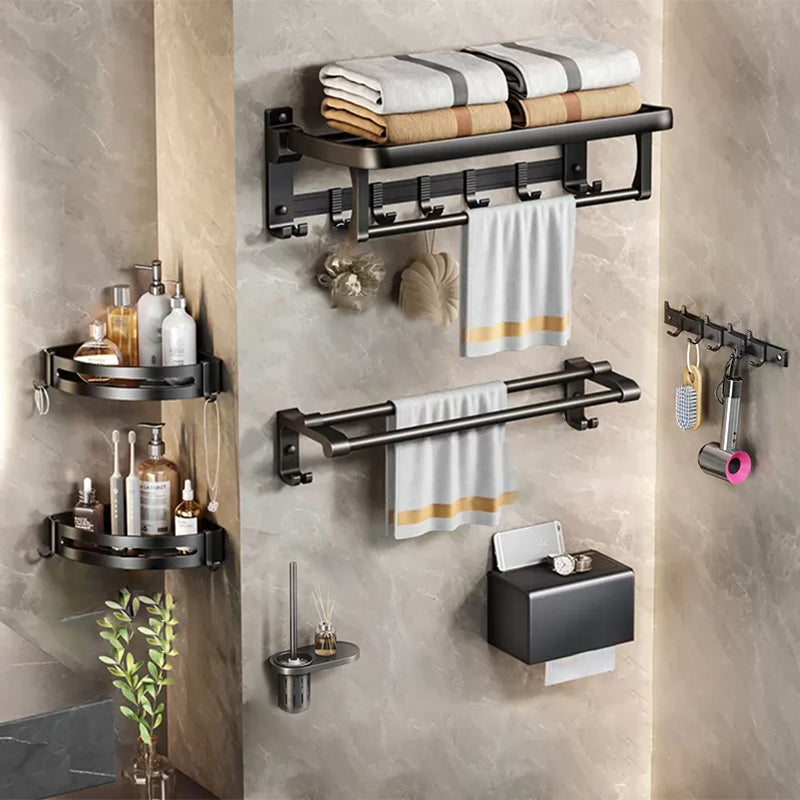 Modern Matte Black Bathroom Accessory Set Towel Bar/Paper Holder/Robe Hook Included Vertical 7-Piece Set (8"L Toilet Paper Holder) Clearhalo 'Bathroom Hardware Sets' 'Bathroom Hardware' 'Bathroom Remodel & Bathroom Fixtures' 'bathroom_hardware_sets' 'Home Improvement' 'home_improvement' 'home_improvement_bathroom_hardware_sets' 6738174