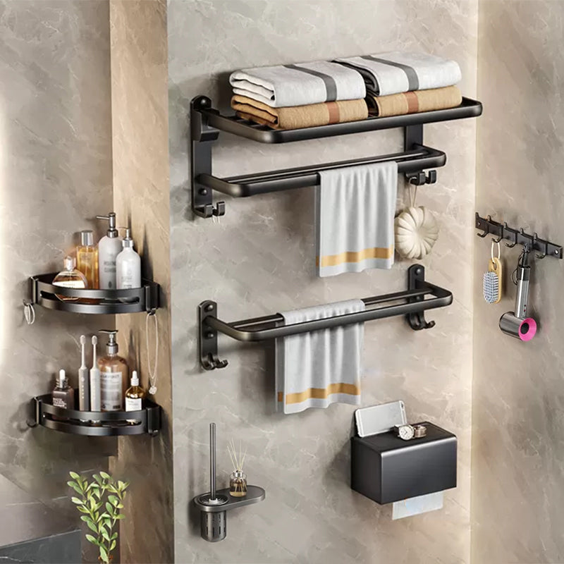 Modern Matte Black Bathroom Accessory Set Towel Bar/Paper Holder/Robe Hook Included Horizontal with Hook 7-Piece Set (8"L Toilet Paper Holder) Clearhalo 'Bathroom Hardware Sets' 'Bathroom Hardware' 'Bathroom Remodel & Bathroom Fixtures' 'bathroom_hardware_sets' 'Home Improvement' 'home_improvement' 'home_improvement_bathroom_hardware_sets' 6738178