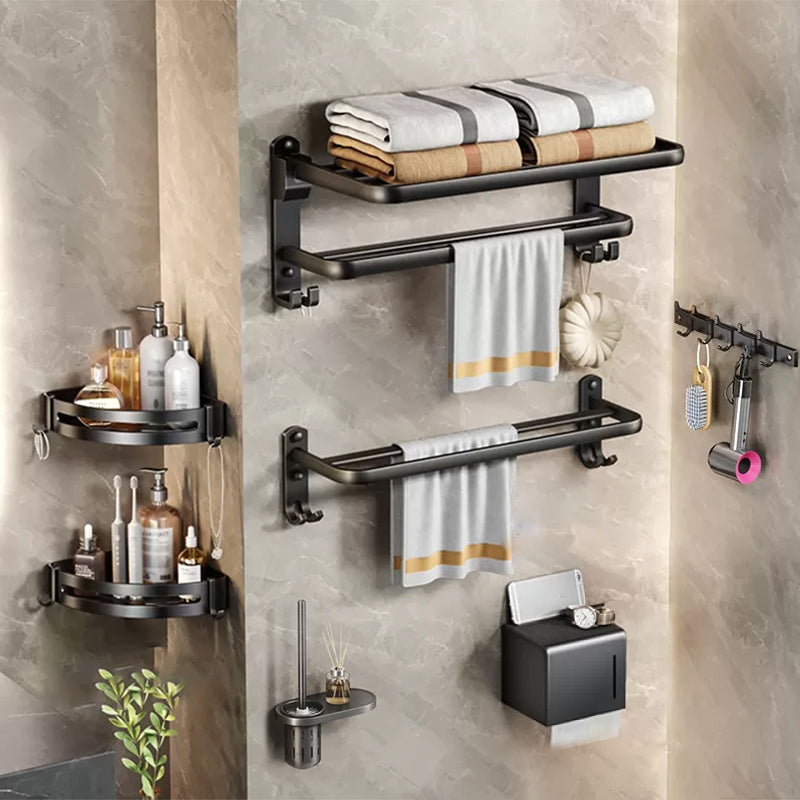 Modern Matte Black Bathroom Accessory Set Towel Bar/Paper Holder/Robe Hook Included Horizontal with Hook 7-Piece Set (6"L Toilet Paper Holder) Clearhalo 'Bathroom Hardware Sets' 'Bathroom Hardware' 'Bathroom Remodel & Bathroom Fixtures' 'bathroom_hardware_sets' 'Home Improvement' 'home_improvement' 'home_improvement_bathroom_hardware_sets' 6738179