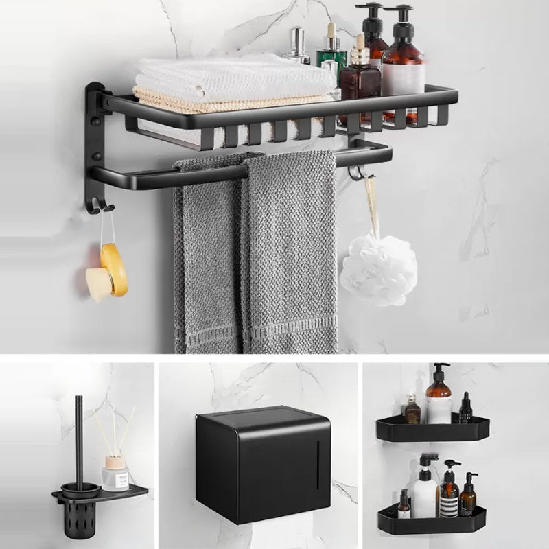 Modern Matte Black Bathroom Accessory Set Towel Bar/Paper Holder/Robe Hook Included Mesh Basket 5-Piece Set Clearhalo 'Bathroom Hardware Sets' 'Bathroom Hardware' 'Bathroom Remodel & Bathroom Fixtures' 'bathroom_hardware_sets' 'Home Improvement' 'home_improvement' 'home_improvement_bathroom_hardware_sets' 6738180