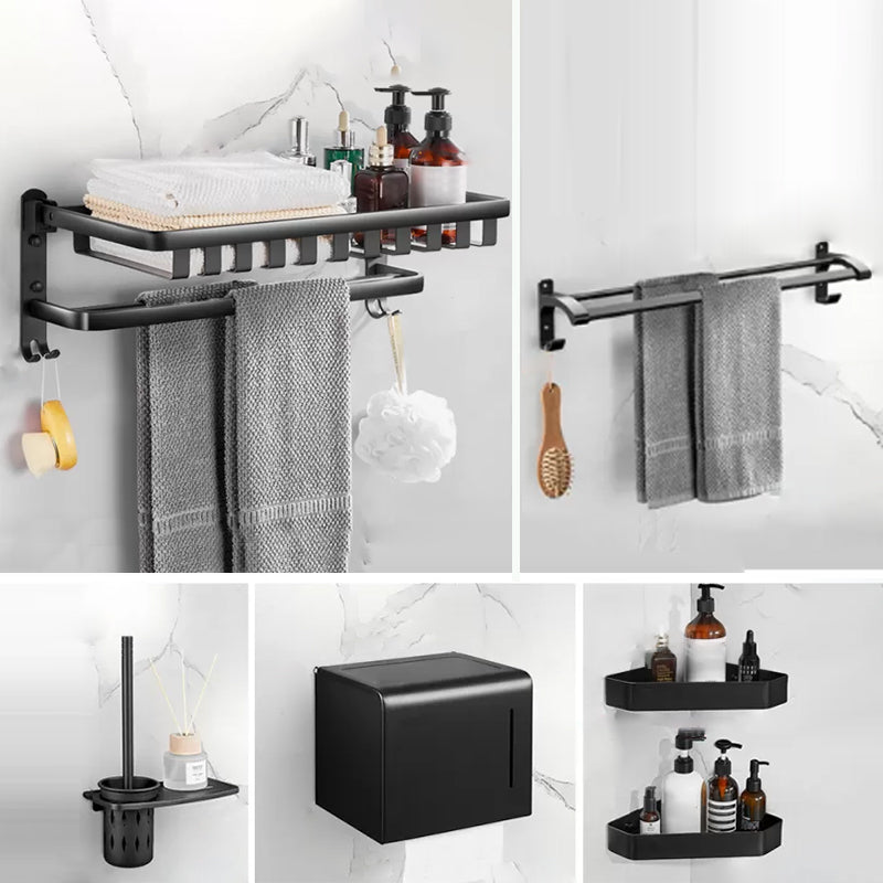 Modern Matte Black Bathroom Accessory Set Towel Bar/Paper Holder/Robe Hook Included Mesh Basket 6-Piece Set Clearhalo 'Bathroom Hardware Sets' 'Bathroom Hardware' 'Bathroom Remodel & Bathroom Fixtures' 'bathroom_hardware_sets' 'Home Improvement' 'home_improvement' 'home_improvement_bathroom_hardware_sets' 6738181