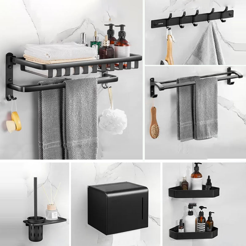 Modern Matte Black Bathroom Accessory Set Towel Bar/Paper Holder/Robe Hook Included Mesh Basket 7-Piece Set Clearhalo 'Bathroom Hardware Sets' 'Bathroom Hardware' 'Bathroom Remodel & Bathroom Fixtures' 'bathroom_hardware_sets' 'Home Improvement' 'home_improvement' 'home_improvement_bathroom_hardware_sets' 6738182