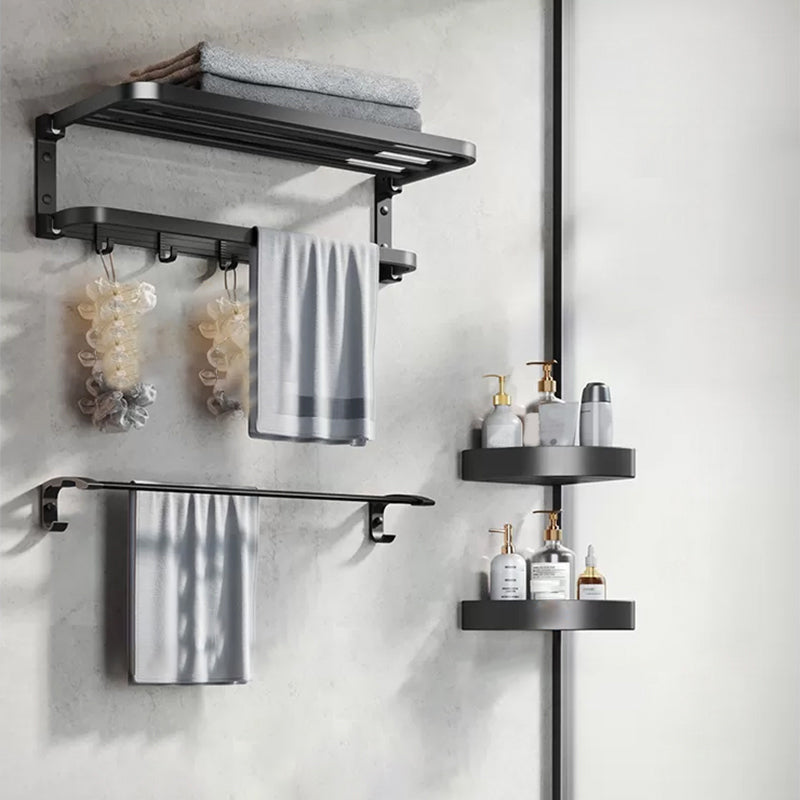 Modern Matte Black Bathroom Accessory Set Towel Bar/Paper Holder/Robe Hook Included Horizontal Foldable 4-Piece Set (Towel Bar) Clearhalo 'Bathroom Hardware Sets' 'Bathroom Hardware' 'Bathroom Remodel & Bathroom Fixtures' 'bathroom_hardware_sets' 'Home Improvement' 'home_improvement' 'home_improvement_bathroom_hardware_sets' 6738184