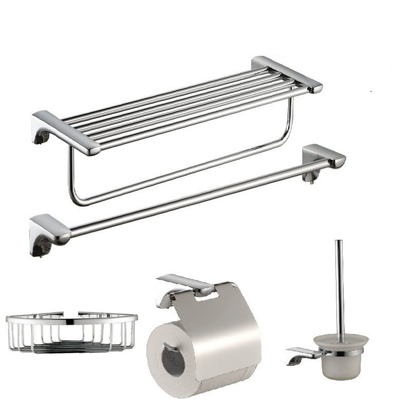 Modern Bathroom Hardware Paper Holder Bath Shelf Silver Bathroom Accessory Kit 5-Piece Set (Single Rod) Clearhalo 'Bathroom Hardware Sets' 'Bathroom Hardware' 'Bathroom Remodel & Bathroom Fixtures' 'bathroom_hardware_sets' 'Home Improvement' 'home_improvement' 'home_improvement_bathroom_hardware_sets' 6738224