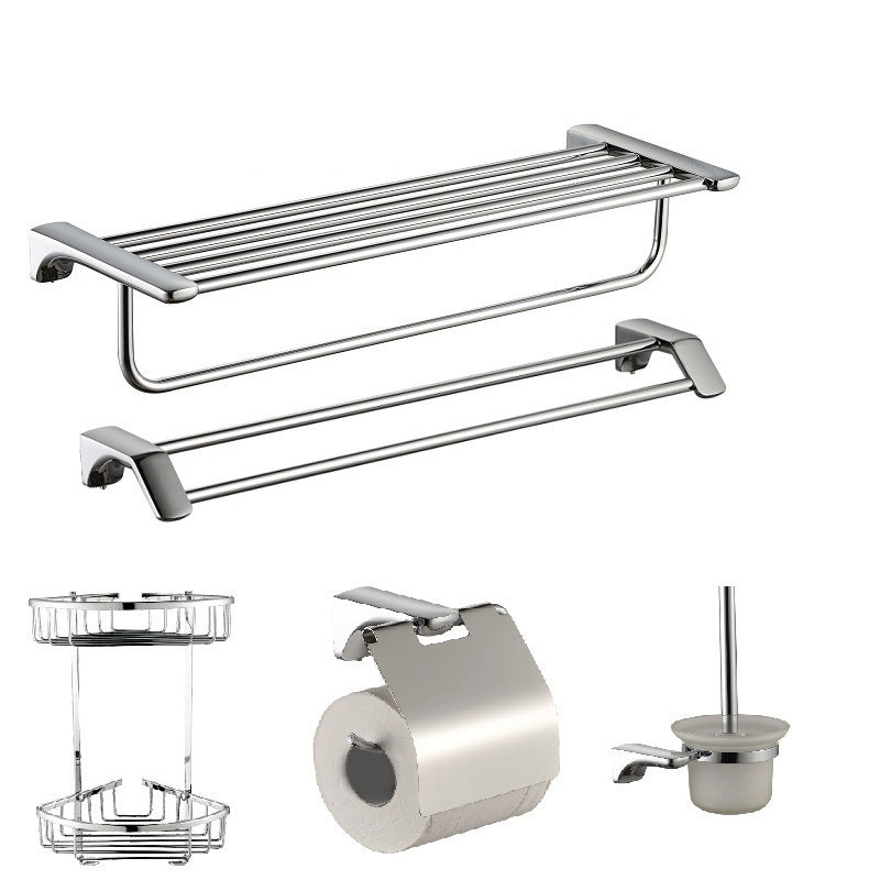 Modern Bathroom Hardware Paper Holder Bath Shelf Silver Bathroom Accessory Kit 5-Piece Set (Double Rods) Clearhalo 'Bathroom Hardware Sets' 'Bathroom Hardware' 'Bathroom Remodel & Bathroom Fixtures' 'bathroom_hardware_sets' 'Home Improvement' 'home_improvement' 'home_improvement_bathroom_hardware_sets' 6738225