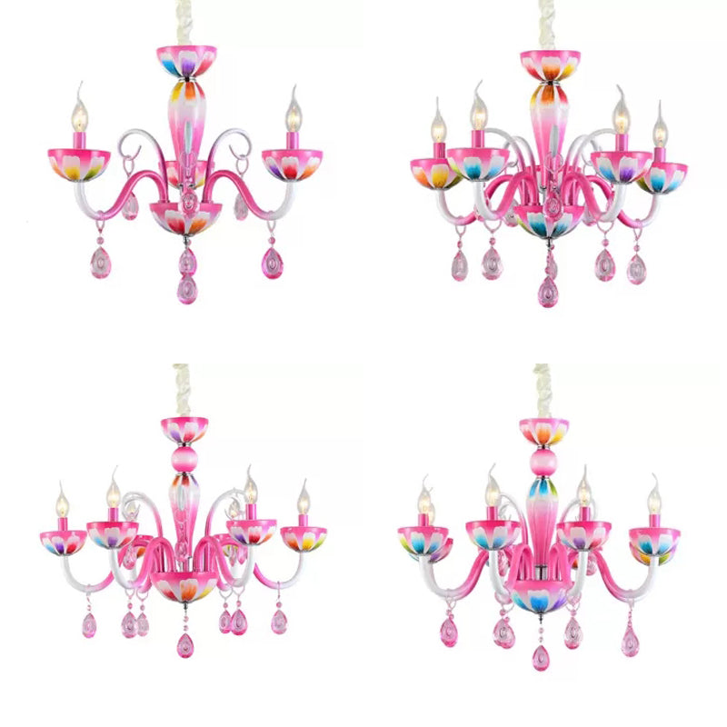 Nursing Room Candle Chandelier Metal Kids Pink Finish Pendant Light with Crystal Deco Clearhalo 'Ceiling Lights' 'Chandeliers' Lighting' options 67394
