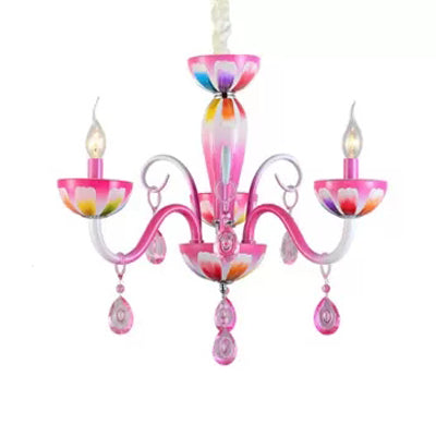 Nursing Room Candle Chandelier Metal Kids Pink Finish Pendant Light with Crystal Deco 3 Pink Clearhalo 'Ceiling Lights' 'Chandeliers' Lighting' options 67395_9b301659-03ac-4839-9758-d98ea3b3a296