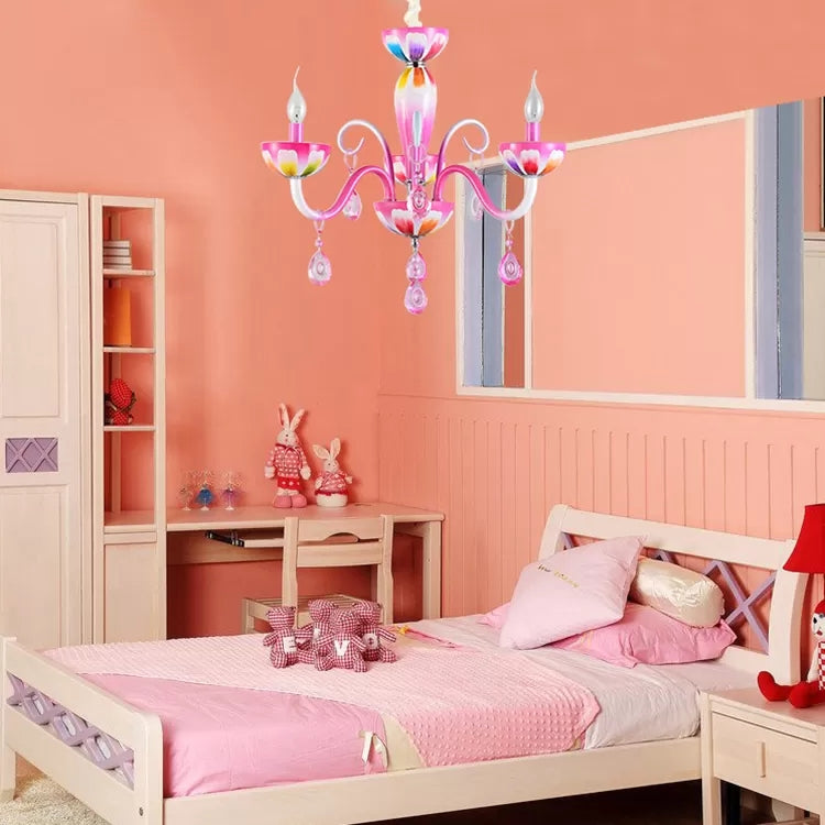 Nursing Room Candle Chandelier Metal Kids Pink Finish Pendant Light with Crystal Deco Clearhalo 'Ceiling Lights' 'Chandeliers' Lighting' options 67396