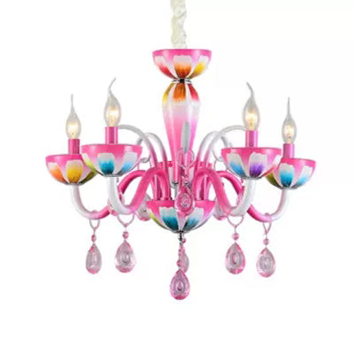 Nursing Room Candle Chandelier Metal Kids Pink Finish Pendant Light with Crystal Deco 6 Pink Clearhalo 'Ceiling Lights' 'Chandeliers' Lighting' options 67397_2f205f1a-3834-4931-98d6-2f8d82cb3cd8