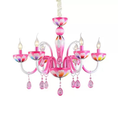 Nursing Room Candle Chandelier Metal Kids Pink Finish Pendant Light with Crystal Deco Clearhalo 'Ceiling Lights' 'Chandeliers' Lighting' options 67398