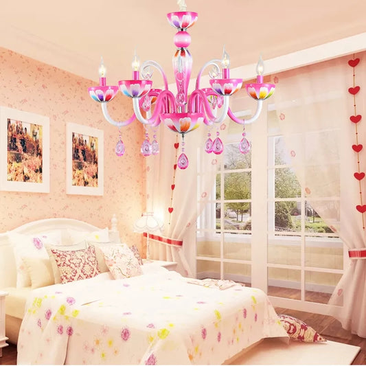 Nursing Room Candle Chandelier Metal Kids Pink Finish Pendant Light with Crystal Deco Clearhalo 'Ceiling Lights' 'Chandeliers' Lighting' options 67399