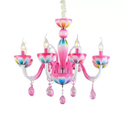 Nursing Room Candle Chandelier Metal Kids Pink Finish Pendant Light with Crystal Deco 5 Pink Clearhalo 'Ceiling Lights' 'Chandeliers' Lighting' options 67400_498adb07-4124-4d99-b3a6-f42ab6dd45ca