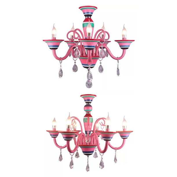 Candle Shaped Hanging Light with Teardrop Crystal Kids Metal Pendant Light in Pink for Girls Room Clearhalo 'Ceiling Lights' 'Chandeliers' Lighting' options 67408