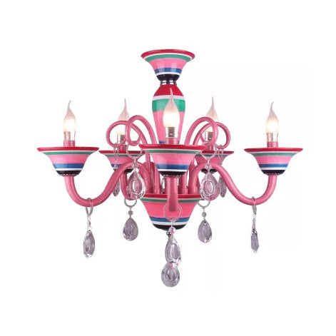 Candle Shaped Hanging Light with Teardrop Crystal Kids Metal Pendant Light in Pink for Girls Room 5 Pink Clearhalo 'Ceiling Lights' 'Chandeliers' Lighting' options 67409_7a2f171d-b22d-430d-beaf-39ae65a2272d