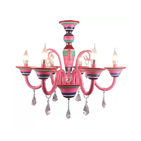 Candle Shaped Hanging Light with Teardrop Crystal Kids Metal Pendant Light in Pink for Girls Room 6 Pink Clearhalo 'Ceiling Lights' 'Chandeliers' Lighting' options 67412_ad098253-8d5a-4462-ad6d-adaa9cf58f40