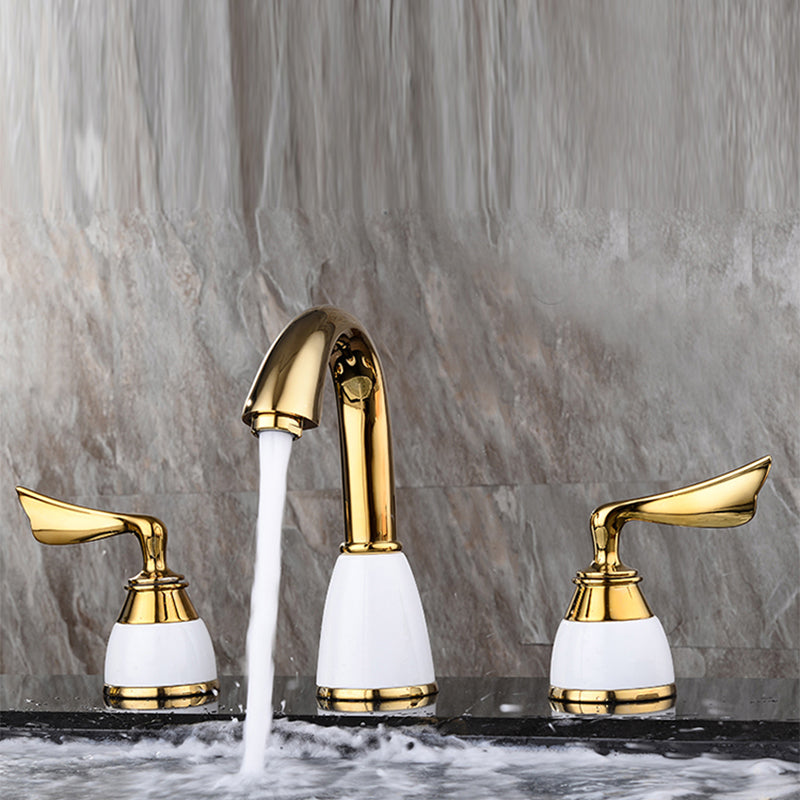 Glam Widespread Sink Faucet Lever Handles 3 Holes Solid Brass Faucet Gold Arc Clearhalo 'Bathroom Remodel & Bathroom Fixtures' 'Bathroom Sink Faucets' 'Bathroom Sinks & Faucet Components' 'bathroom_sink_faucets' 'Home Improvement' 'home_improvement' 'home_improvement_bathroom_sink_faucets' 6742677