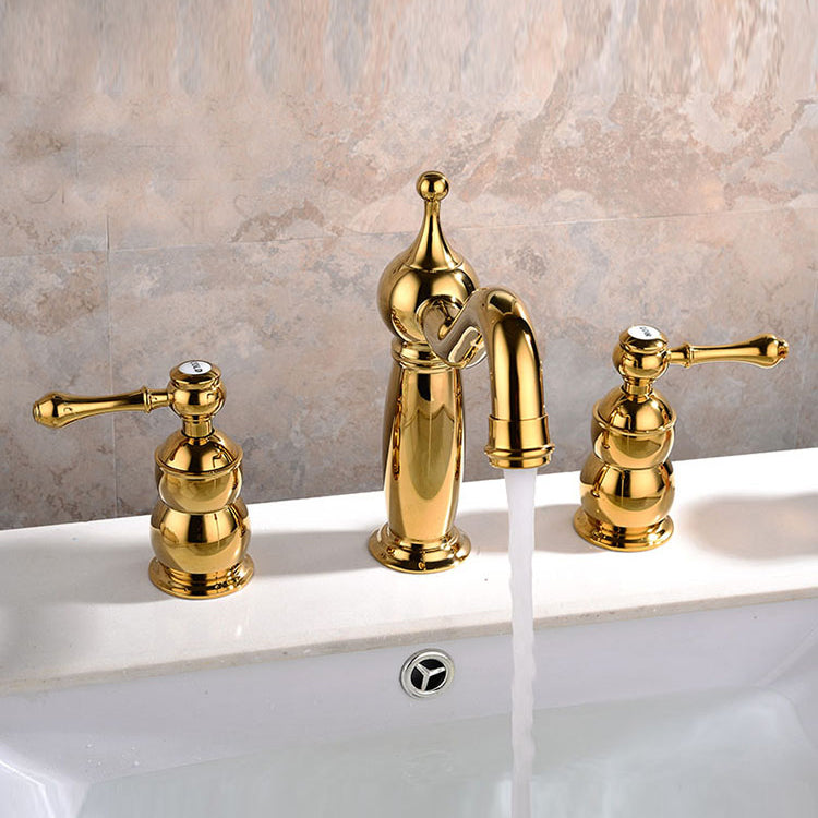 Glam Widespread Sink Faucet Lever Handles 3 Holes Solid Brass Faucet Gold Gooseneck Clearhalo 'Bathroom Remodel & Bathroom Fixtures' 'Bathroom Sink Faucets' 'Bathroom Sinks & Faucet Components' 'bathroom_sink_faucets' 'Home Improvement' 'home_improvement' 'home_improvement_bathroom_sink_faucets' 6742678