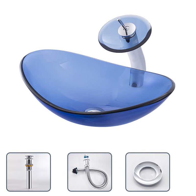 Creative Vessel Bathroom Sink Glass Vessel Lavatory Sink in Blue Sink with Faucet Oval Clearhalo 'Bathroom Remodel & Bathroom Fixtures' 'Bathroom Sinks & Faucet Components' 'Bathroom Sinks' 'bathroom_sink' 'Home Improvement' 'home_improvement' 'home_improvement_bathroom_sink' 6743136