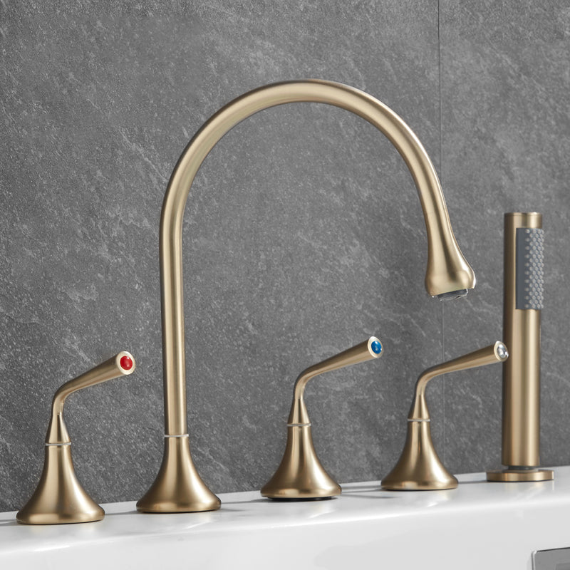 Contemporary Deck Mounted Copper Tub Faucet Low Arc Roman Tub Faucet Set Gold Gooseneck Lever Handles Clearhalo 'Bathroom Remodel & Bathroom Fixtures' 'Bathtub Faucets' 'bathtub_faucets' 'Home Improvement' 'home_improvement' 'home_improvement_bathtub_faucets' 6743607