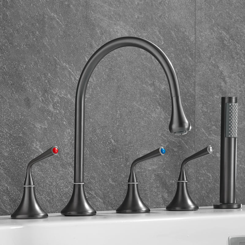 Contemporary Deck Mounted Copper Tub Faucet Low Arc Roman Tub Faucet Set Gun Grey Gooseneck Lever Handles Clearhalo 'Bathroom Remodel & Bathroom Fixtures' 'Bathtub Faucets' 'bathtub_faucets' 'Home Improvement' 'home_improvement' 'home_improvement_bathtub_faucets' 6743609